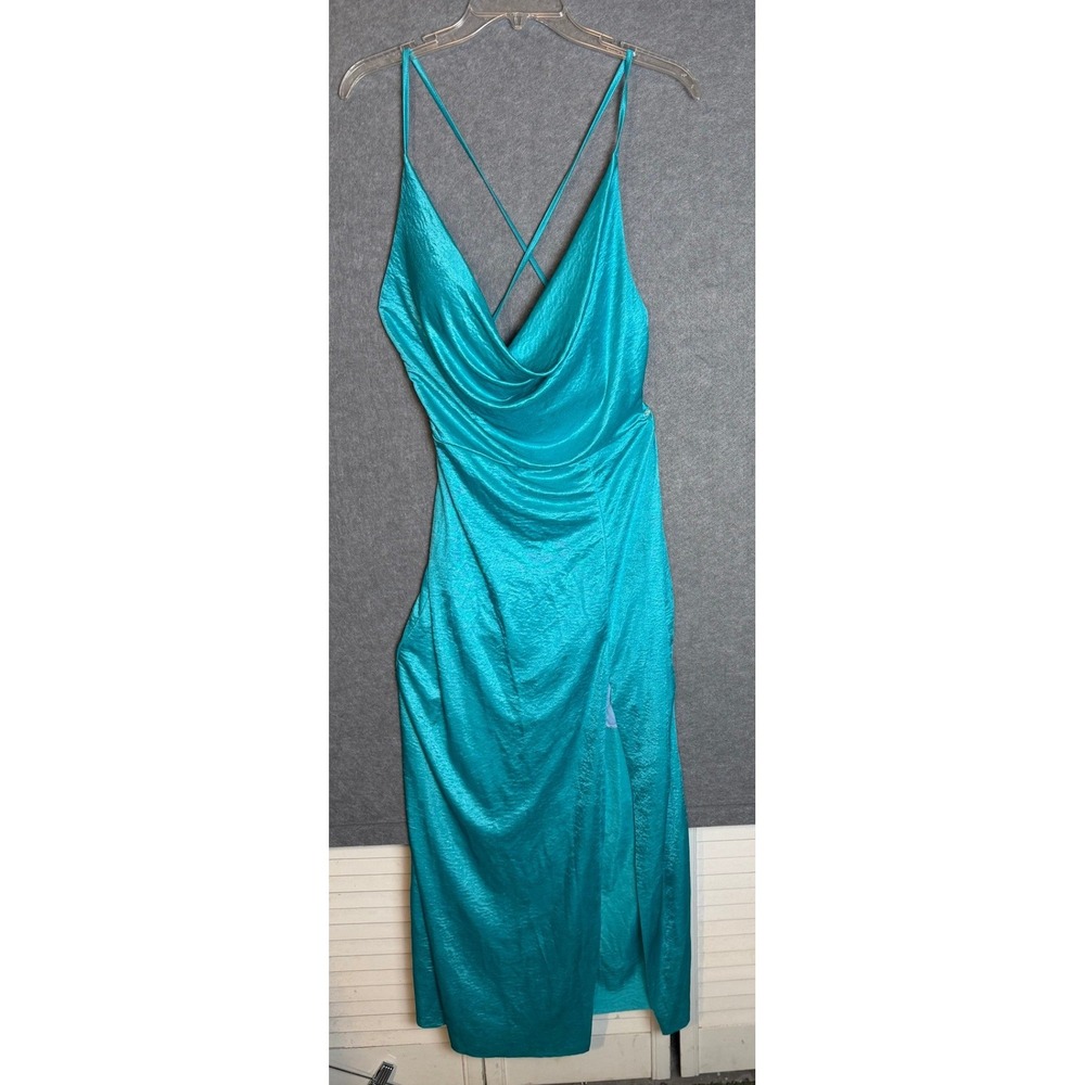Obrigada Teal Blue Satin Cowl Neck Maxi Dress Small Open Back Slit Mermaidcore